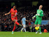 Raheem Sterling's goal is ruled offside against Manchester City. Liverpool lose 2-1. (26 December 2013)