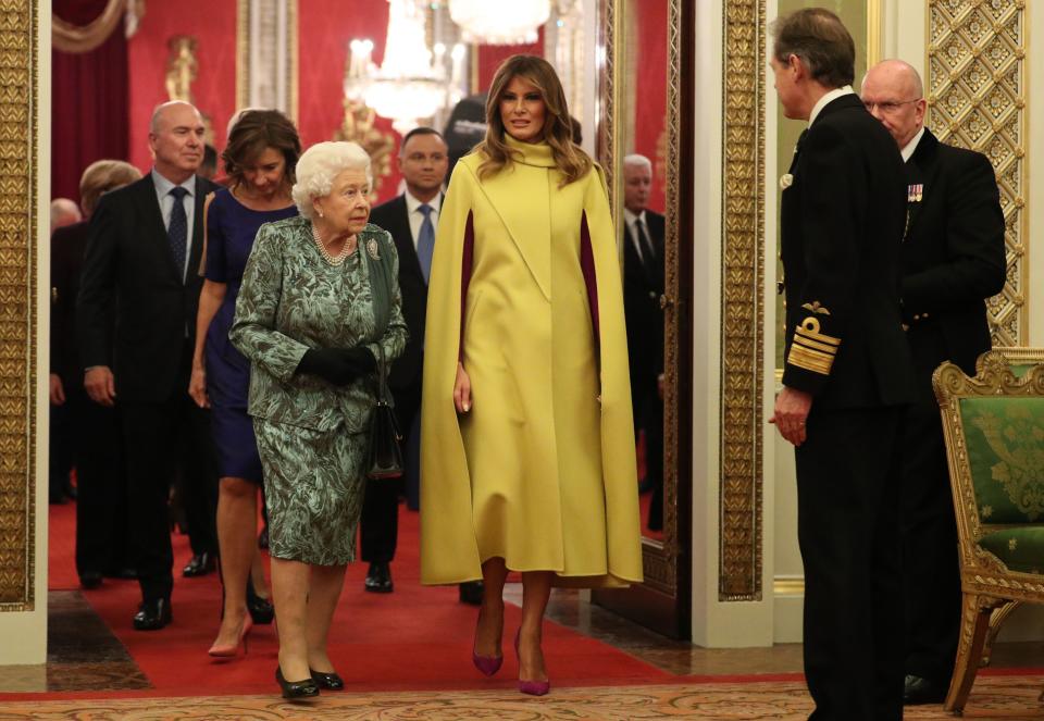 Britain's Queen Elizabeth II speaks with US First Lady Melania Trump in Buckingham Palace in central London on December 3, 2019, during a reception hosted by Britain's Queen Elizabeth II ahead of the NATO alliance summit. 