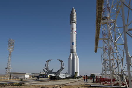 The Proton rocket, that will launch the ExoMars 2016 spacecraft to Mars, is set on the launchpad at the Baikonur cosmodrome, Kazakhstan, in this handout photo released by European Space Agency (ESA) on March 11, 2016. REUTERS/Stephane Corvaja/ESA/Handout via Reuters