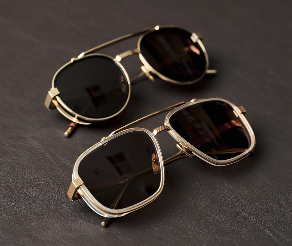 David Lee’s Monza Design Limited Edition Eyewear. (Top) Moderna, Antique Gold with Matte Crystal inset, (Bottom) Speciale, Rose Gold with Matte Crystal inset. 