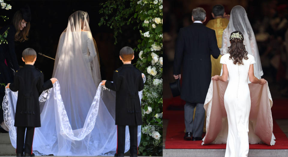 Meghan Markle opted to have her page boys help with her veil, while the Duchess's made of honour, Pippa Middleton, assisted her. [Photo: Getty]