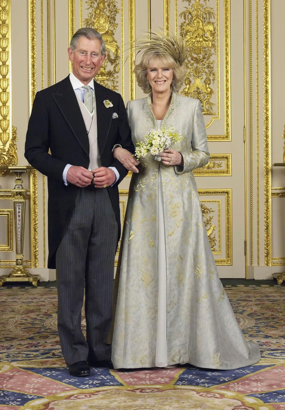 <p>Prince Charles <a href="https://www.townandcountrymag.com/society/tradition/g19135643/prince-charles-camilla-wedding-photos/" rel="nofollow noopener" target="_blank" data-ylk="slk:married his second wife, Camilla Parker-Bowles;elm:context_link;itc:0;sec:content-canvas" class="link ">married his second wife, Camilla Parker-Bowles</a>, now the Duchess of Cornwall, in 2005. The couple were legally married in a small civil ceremony at the Windsor Guildhall followed by a marriage blessing at St. George's Chapel and reception inside Windsor Castle. </p>