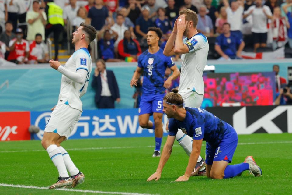 Harry Kane reacts to a missed chance after Walker Zimmerman’s block (AFP via Getty Images)