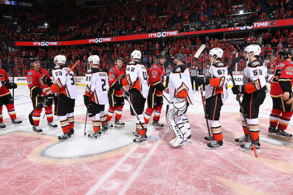 CALGARY, AB – APRIL 19: X #xx of the Calgary Flames skates against X #xx of the Anaheim Ducks during Game Four of the Western Conference First Round during the 2017 NHL Stanley Cup Playoffs on April 19, 2017 at the Scotiabank Saddledome in Calgary, Alberta, Canada. (Photo by Gerry Thomas/NHLI via Getty Images)