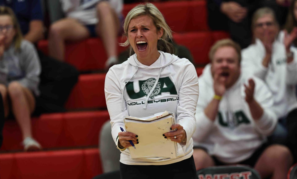 Ursuline Academy head coach Ali Butcher reacts during the regional semifinal against Mt. Notre Dame at Lakota West High School Wednesday.