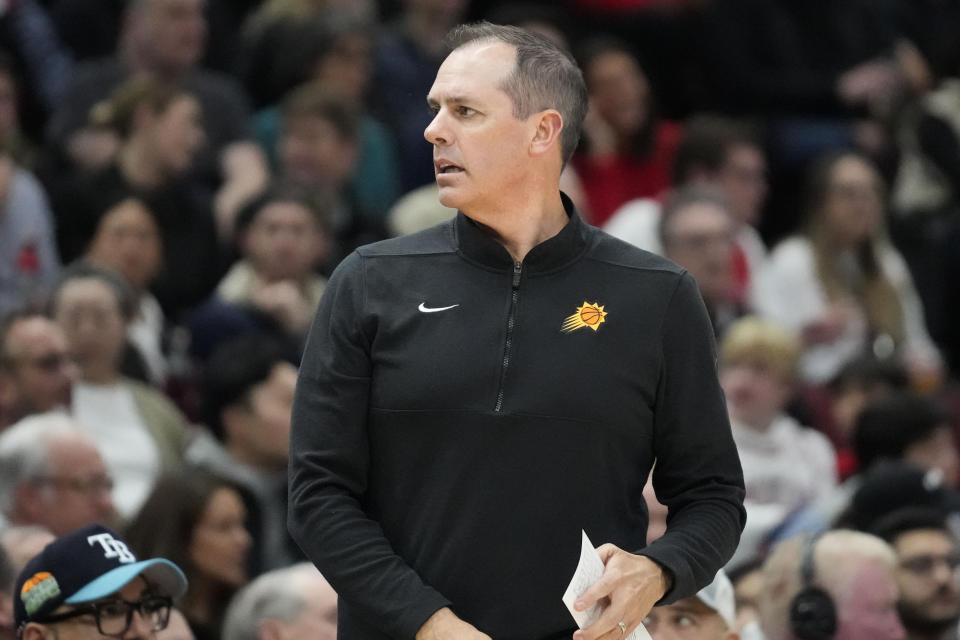 Phoenix Suns head coach Frank Vogel watches from the sidelines during the first half of an NBA basketball game against the Chicago Bulls Wednesday, Nov. 8, 2023, in Chicago. (AP Photo/Erin Hooley)