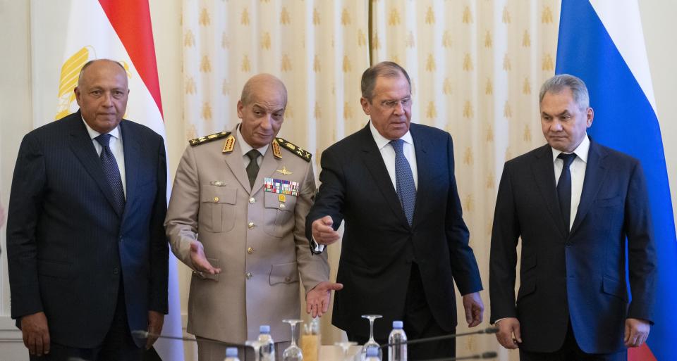 From left: Egyptian Foreign Minister Sameh Shoukry, Egyptian Defense Minister Mohamed Zaki, Russian Foreign Minister Sergey Lavrov, and Russian Defense Minister Sergei Shoigu pose for a photo prior to their talks in Moscow, Russia, Monday, June 24, 2019. Egyptian President Abdel-Fattah el-Sissi has moved to increase military cooperation with Russia, and the two nation as foreign and defense ministers have held regular meetings. (AP Photo/Alexander Zemlianichenko)