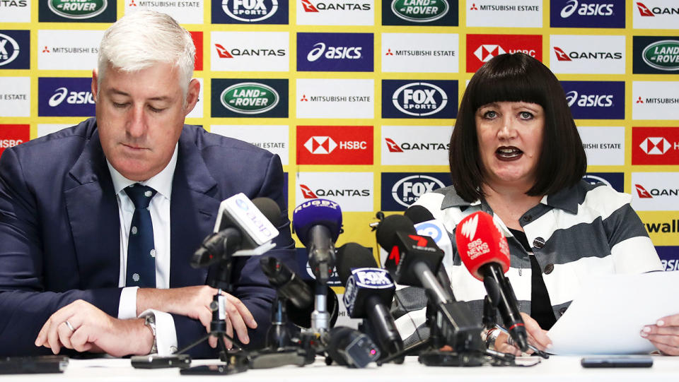 Rugby Australia Chairman Cameron Clyne and Rugby Australia CEO Raelene Castle speak to the media during a Rugby Australia press conference at Rugby Australia Building on December 17, 2018 in Sydney, Australia. (Photo by Mark Kolbe/Getty Images)