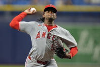 Los Angeles Angels pitcher Jose Soriano delivers to a Tampa Bay Rays batter during the first inning of a baseball game Tuesday, April 16, 2024, in St. Petersburg, Fla. (AP Photo/Chris O'Meara)