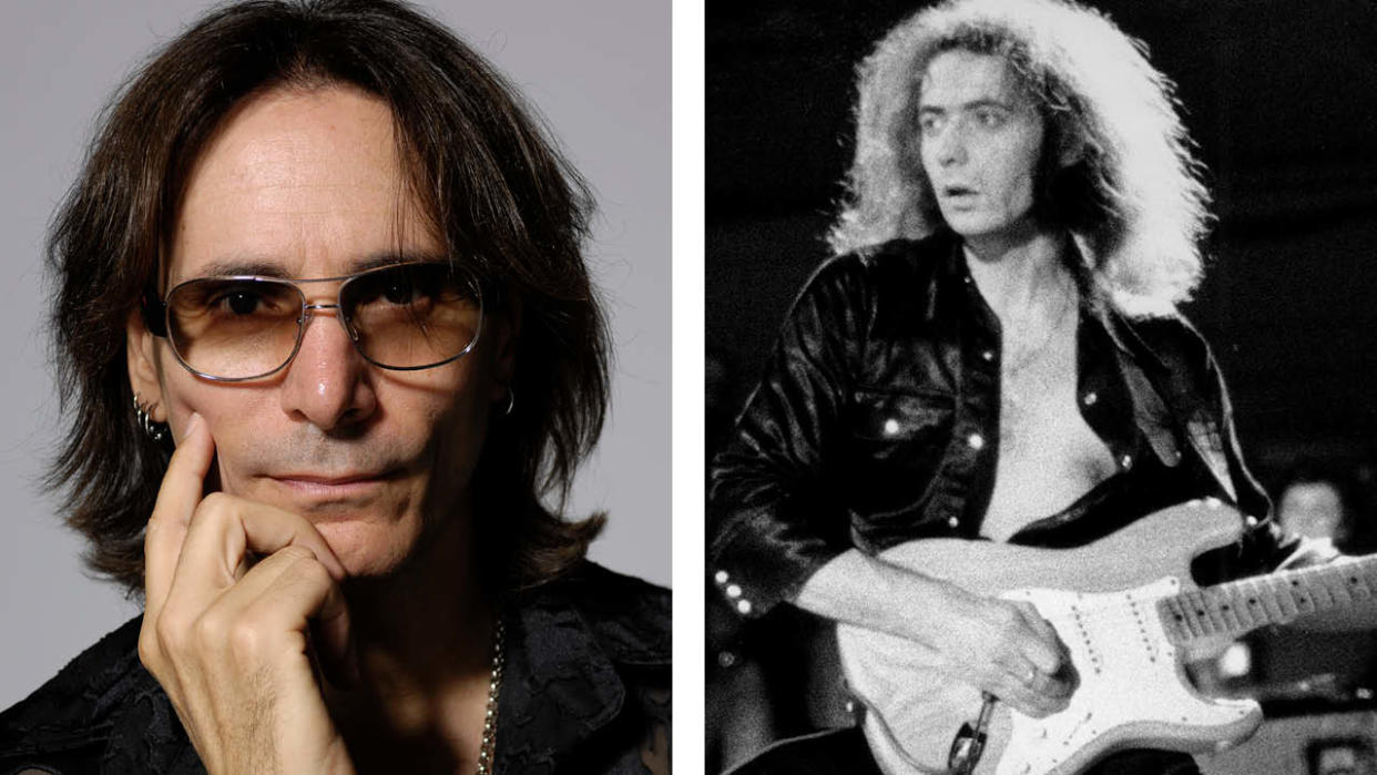  A portrait of Steve Vai and a photo of Ritchie Blackmore performing live. 