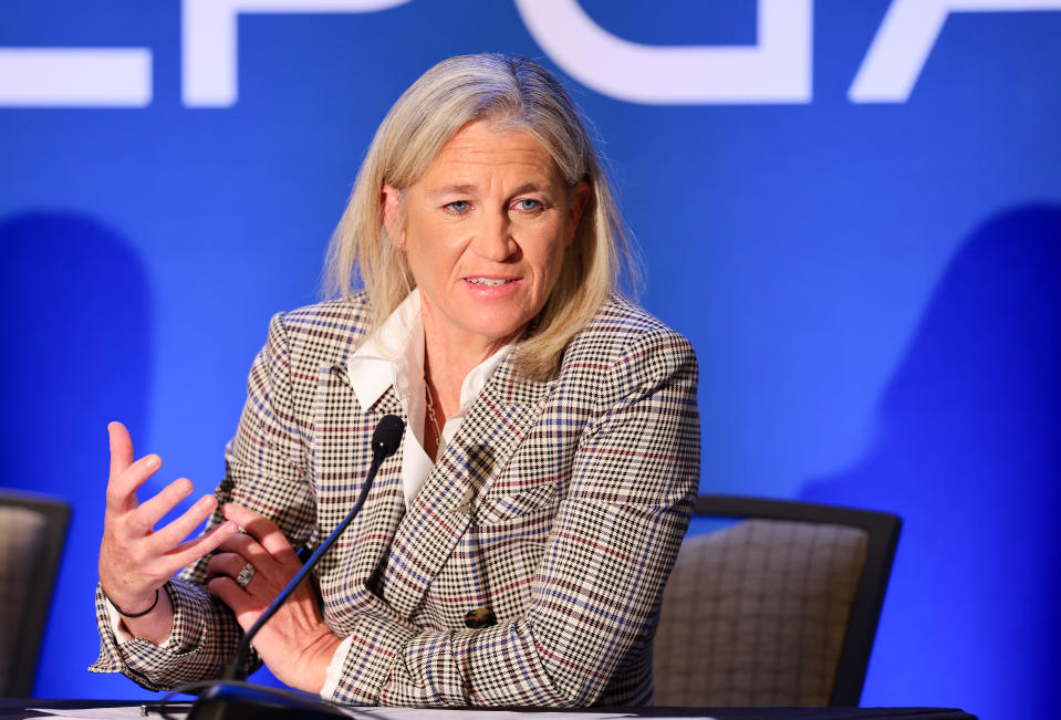 Mollie Marcoux Samaan, LPGA Commissioner, speaks during the State of the Association press conference during the first round of the CME Group Tour Championship at Tiburon Golf Club on November 16, 2023, in Naples, Florida. (Photo by Michael Reaves/Getty Images)