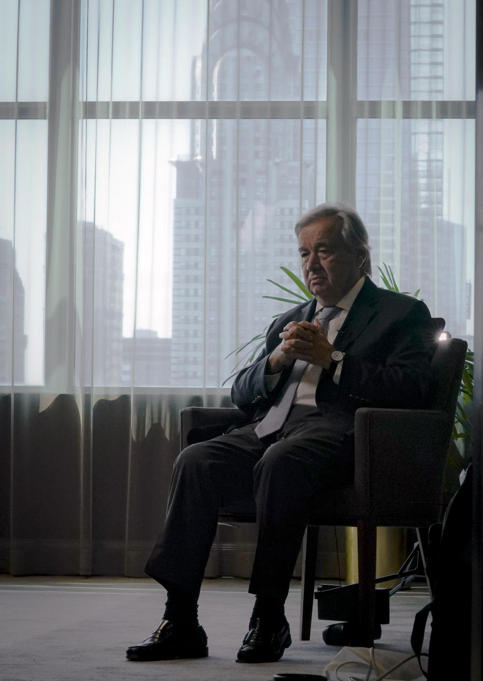 United Nations Secretary-General António Guterres listens during an interview, Wednesday Oct. 21, 2020, at U.N. headquarters. (AP Photo/Bebeto Matthews)