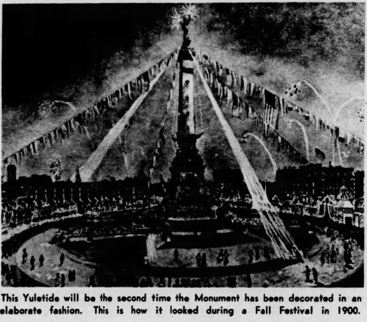 A 1900 photograph of the Soldiers and Sailors Monument decorated for a fall festival.