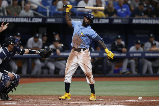 Tampa Bay Rays' Randy Arozarena reacts after hitting a double against the  New York Yankees during the third inning of a baseball game Saturday, Aug.  26, 2023 in St. Petersburg, Fla. (AP