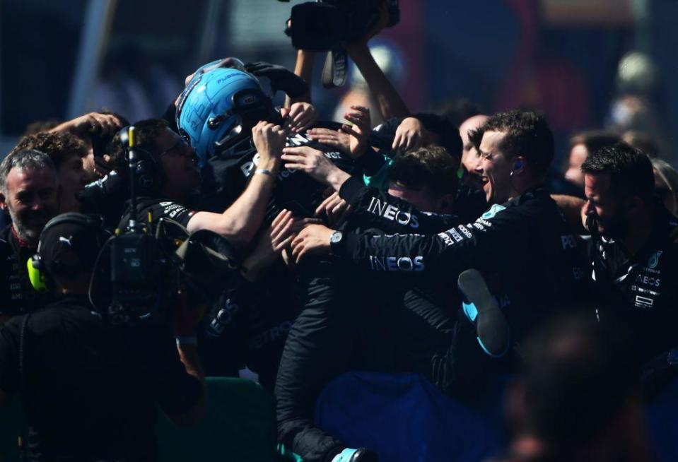 Mercedes celebrates George Russell's victory, before he was disqualified