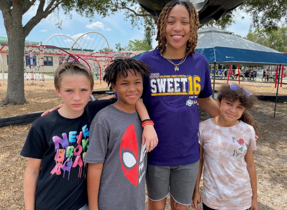 Former Lakewood Ranch and LSU baskeball star LaDazhia Williams stands out at Samoset Elementary, where her godmother Tawanda Means is a Student Support Specialist. Williams has signed to play in Israel for Hapoel Petah Tikva in the Israeli Female Basketball Premier League.