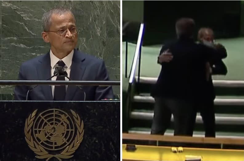 Singapore&#x002019;s UN Ambassador Burhan Gafoor being hugged by Ukraine&#39;s UN Ambassador Sergiy Kyslytsya. (SCREENSHOT: United Nations/YouTube)