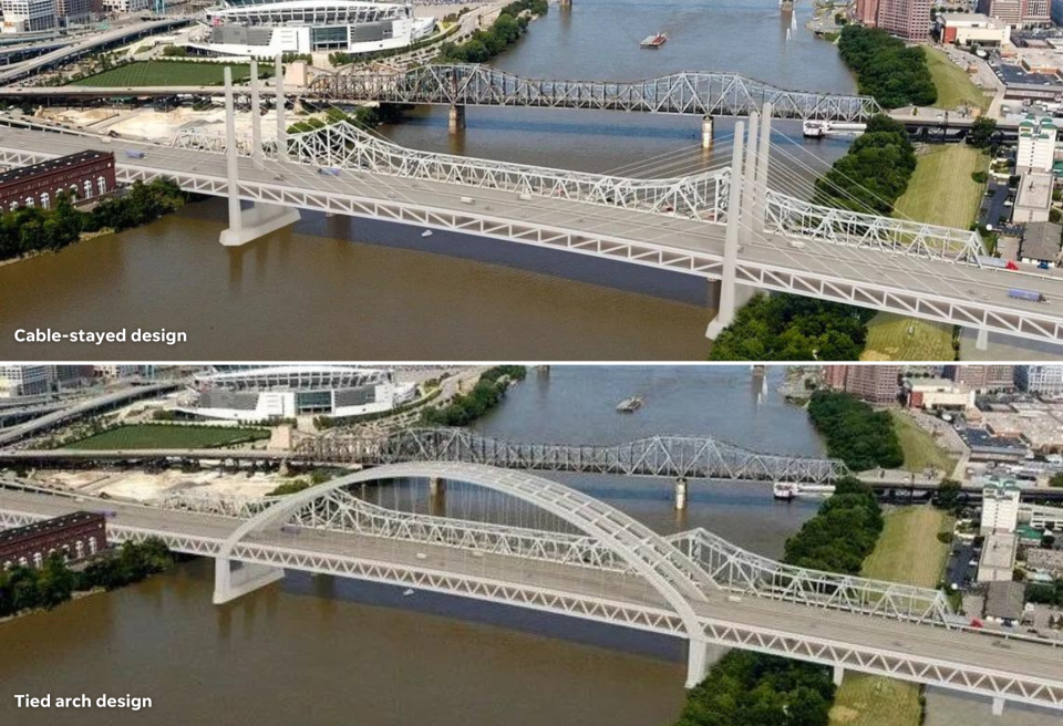 The new bridge over the Ohio River could be one of these two designs: cable-stayed or tied arch. Ohio and Kentucky officials pictured these options in a July 2022 presentation about the Brent Spence Bridge Corridor Project.