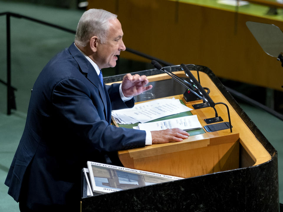 Israeli Prime Minister Benjamin Netanyahu addresses the 73rd session of the United Nations General Assembly, at U.N. headquarters, Thursday, Sept. 27, 2018. (AP Photo/Craig Ruttle)