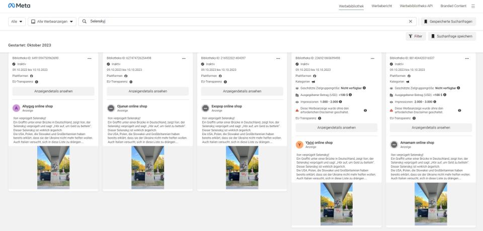<span>Screenshot der Meta Ad Library mit pro-russischen Werbeanzeigen: 16. April 2024</span>