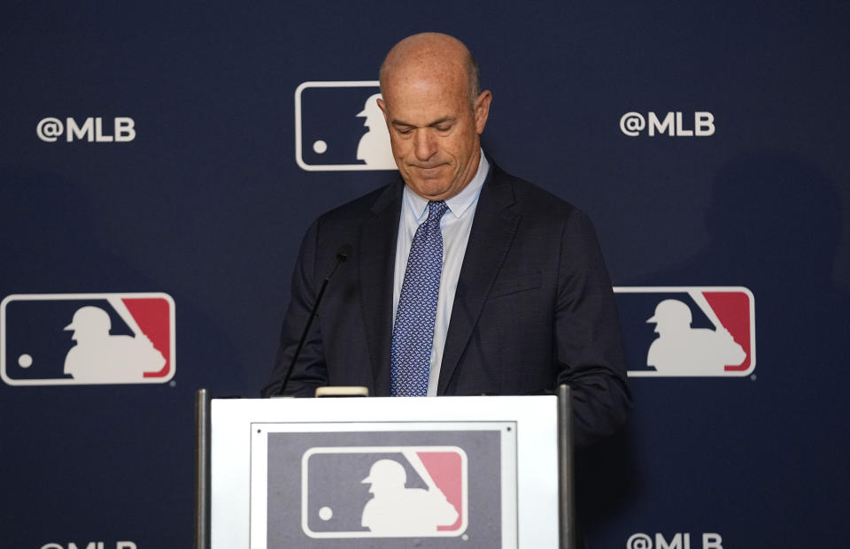 CORRECTS LAST NAME TO FISHER, NOT FOSTER AS ORIGINALLY SENT - Athletics owner John Fisher pauses before speaking during a news conference after a Major League baseball owners meeting in Arlington, Texas, Thursday, Nov. 16, 2023. The Oakland Athletics’ move to Las Vegas was unanimously approved Thursday by Major League Baseball team owners, cementing the sport’s first relocation since 2005. (AP Photo/LM Otero)