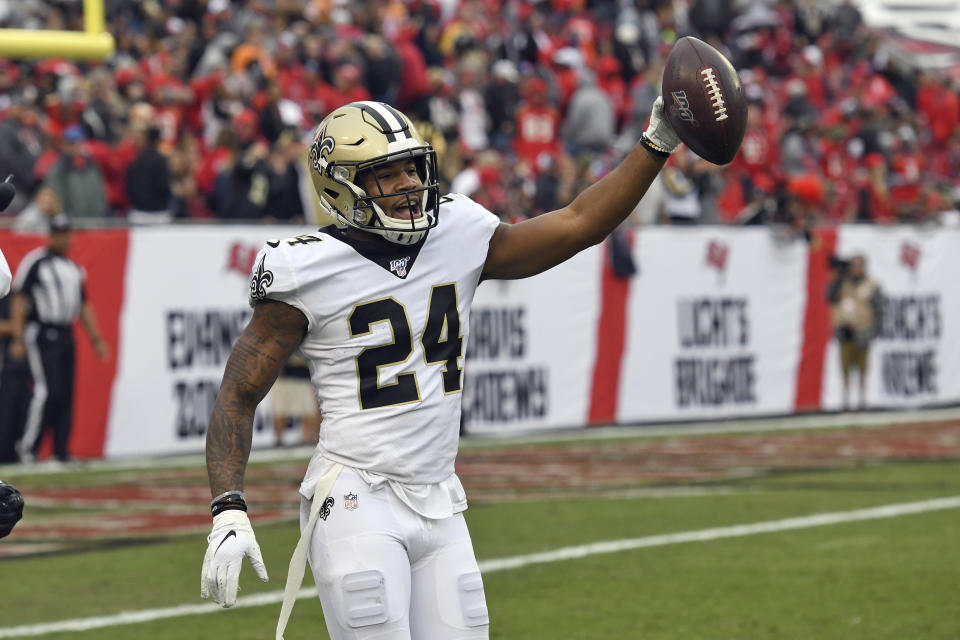 New Orleans Saints strong safety Vonn Bell (24) celebrates after intercepting a pass by Tampa Bay Buccaneers quarterback Jameis Winston during the second half of an NFL football game Sunday, Nov. 17, 2019, in Tampa, Fla. (AP Photo/Jason Behnken)