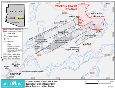 Figure 1: Phoenix Silver location map showing copper belts of the Miami-Globe porphyry copper district. Major mines and deposits include the Miami-Inspiration mining complex and BHP’s porphyry copper discovery area.  Blue contours are regional magnetic (MVI – contour interval 0.0002 SI) anomalies which are spatially coincident with the mineral belts of the Miami-Globe copper district.