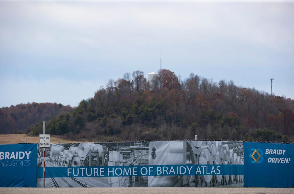 A sign for the area designated as the future home of the Braidy Atlas aluminum mill near one of the Ashland Community and Technical College locations in Ashland, Kentucky. Nov. 26, 2019