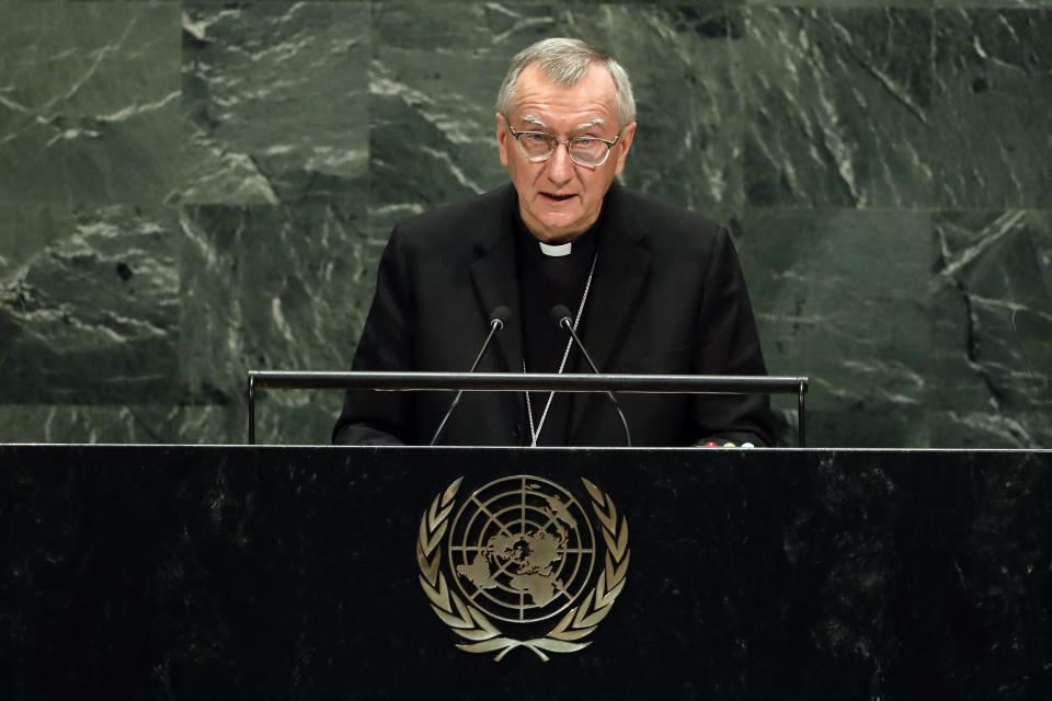 Cardinal Pietro Parolin, Secretary of State of the Holy See, addresses the 74th session of the United Nations General Assembly, Saturday, Sept. 28, 2019. (AP Photo/Richard Drew)