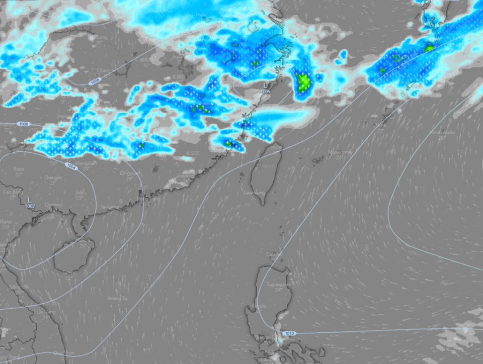 圖為歐洲模式模擬下周四（23日）晚上台灣降雨分布。（翻攝自台灣颱風論壇FB）