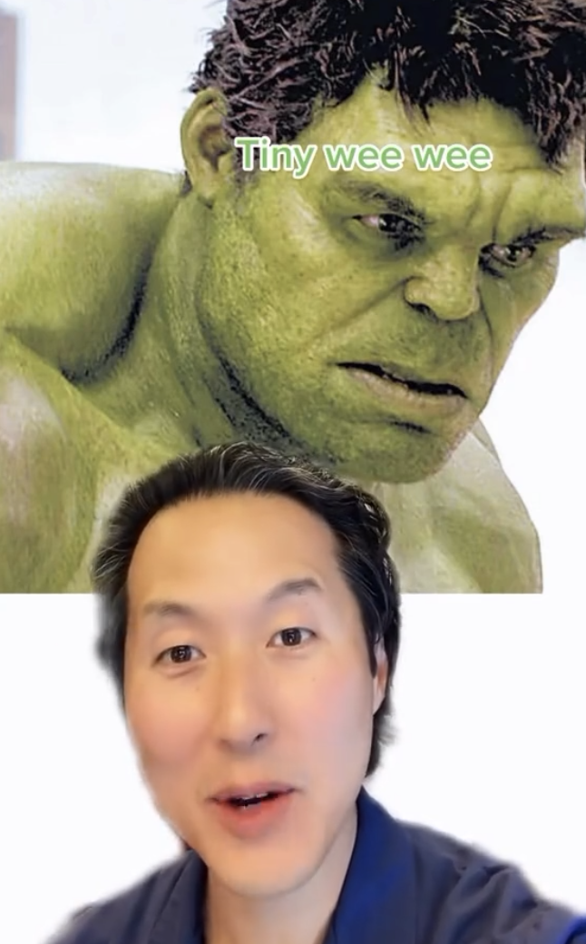 A person using a face filter that applies the Hulk's face above their own; text overlay says 