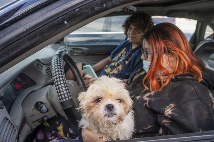 Devin Robinson, 16, and his sister Selena Rushman, 17, both of Cass Lake, Minn., wait with their dog Sweetie outside the Leech Lake Legacy clinic, Sunday, Nov. 21, 2021. They had brought some of Sweetie's puppies in for a wellness check and shots. For a decade, the nonprofit has been bringing veterinary services and taking away surrendered animals on the Leech Lake Reservation. (AP Photo/Jack Rendulich)