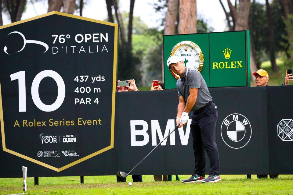 Italy's Francesco Molinari at the tee shot during the golf Italian Open 2019, in Rome, Thursday, Oct. 10, 2019. (Giorgio Maiozzi/ANSA via AP)