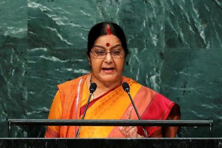 India's Minister of External Affairs Sushma Swaraj addresses the United Nations General Assembly in the Manhattan borough of New York, U.S., September 26, 2016. REUTERS/Brendan McDermid