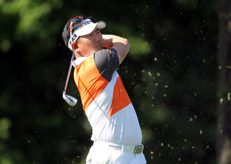 Y.E. Yang of South Korea hits his tee shot on the par 3 8th hole during the first round of the FedEx St. Jude Classic at TPC Southwind on June 7, 2012 in Memphis, Tennessee. (Photo by Andy Lyons/Getty Images)