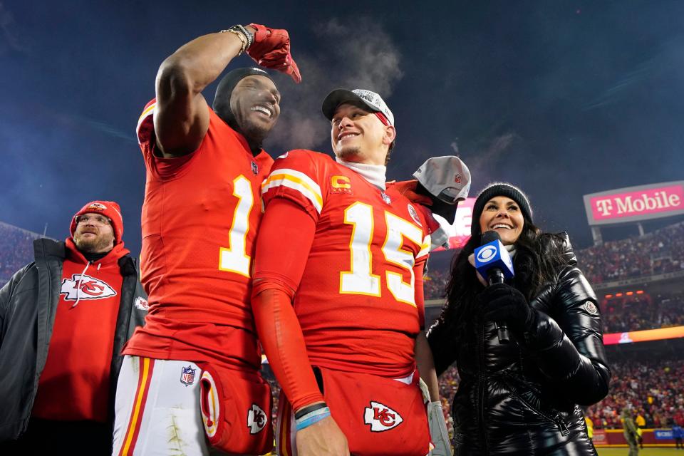 Kansas City Chiefs wide receiver Marquez Valdes-Scantling (left) and quarterback Patrick Mahomes (right) celebrate after winning the AFC Championship game against the Cincinnati Bengals.