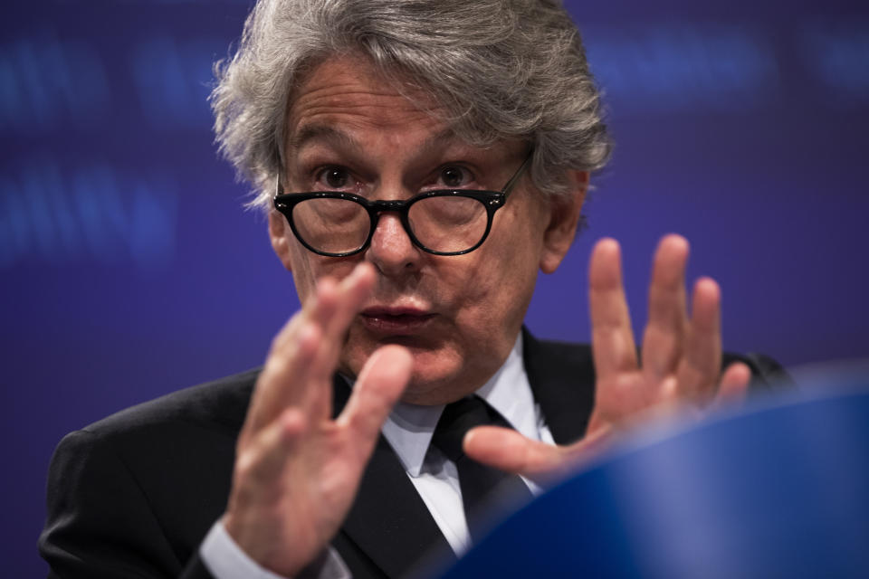 European Commissioner for Internal Market Thierry Breton talks to journalists during an online news conference at the EU headquarters in Brussels, Thursday, Sept. 3, 2020. Worried by an increasing dependency on the raw materials used to make smart phones, televisions and energy-saving lights, the European Union on Thursday launched a new strategy to secure access to rare earth minerals and reduce reliance on suppliers like Chile, China and South Africa. (AP Photo/Francisco Seco, Pool)