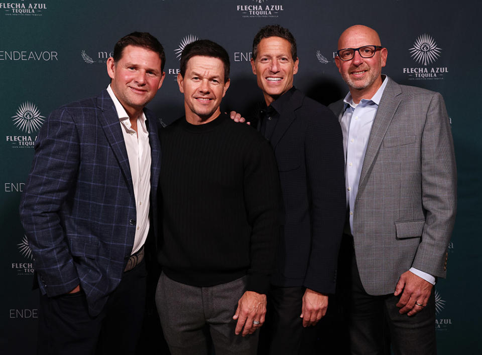 Matt T. Leon, Mark Wahlberg, Endeavor President and COO Mark Shapiro and David Kass celebrate Flecha Azul Tequila on November 03, 2023 at Meduza Mediterrania in New York City.