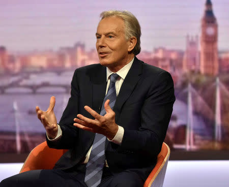 Former British prime minister, Tony Blair, appears on the BBC's The Andrew Marr Show, in central London, Britain September 10, 2017. Jeff Overs/BBC Handout via REUTERS