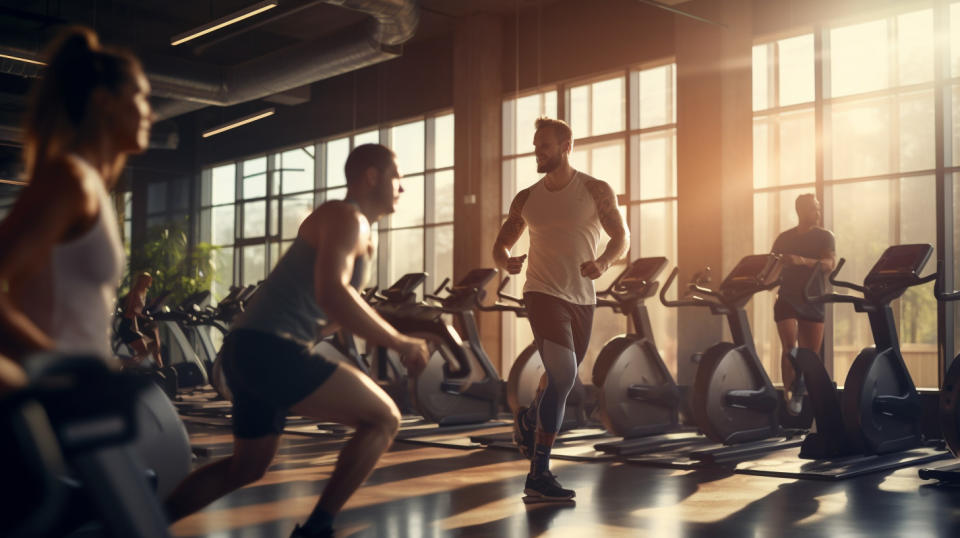 A diverse group of people engaging in various activities in a modern fitness center.