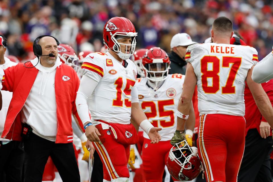 Kansas City Chiefs quarterback Patrick Mahomes (15) looks on from the sidelines against the Baltimore Ravens in the AFC Championship game at M&T Bank Stadium.