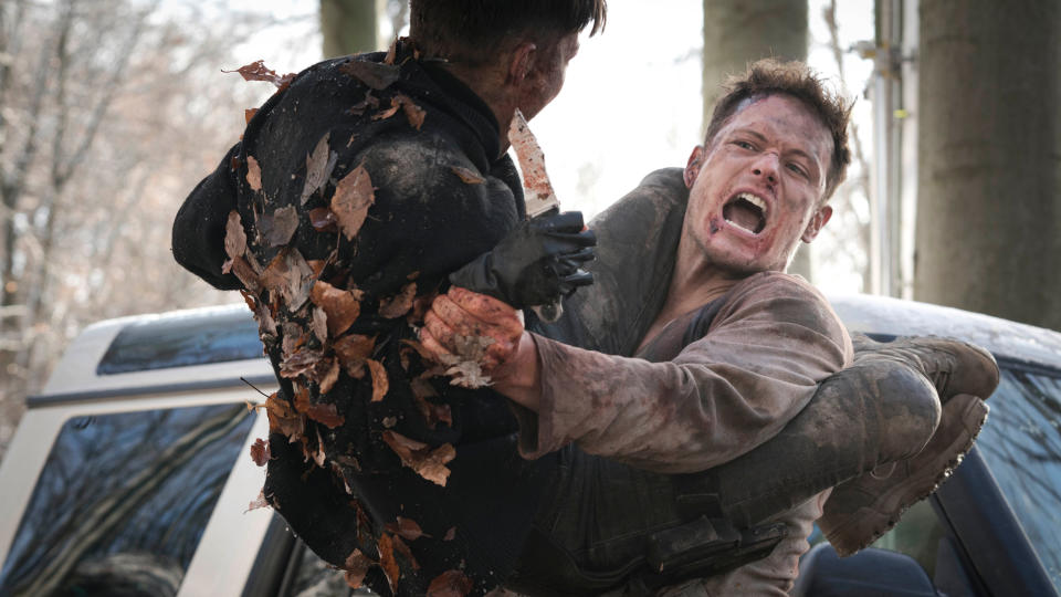 Sam Heughan fights for his life in 'SAS: Red Notice'. (Credit: David Lukacs/Red Notice Ltd/Sky Cinema)