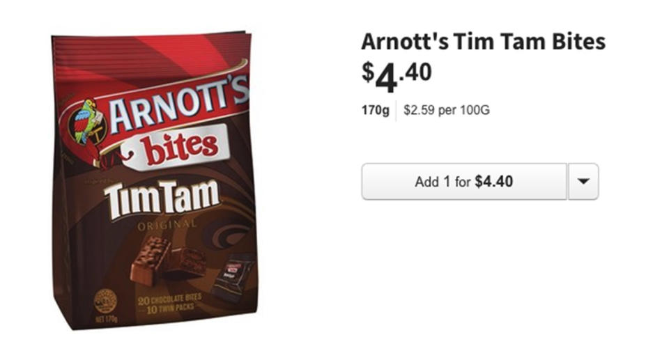 A smaller packet of Tim Tam bites retails for $4.40 at Coles supermarkets.