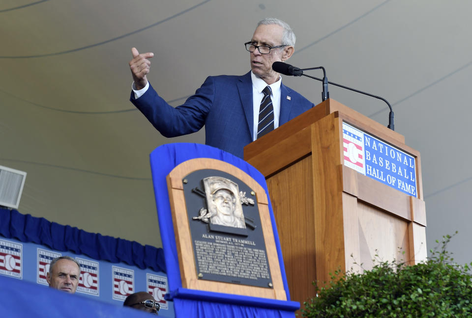 National Baseball Hall of Fame inductee Alan Trammell speaks during an induction ceremony at the Clark Sports Center on Sunday, July 29, 2018, in Cooperstown, N.Y. (AP Photo/Hans Pennink)