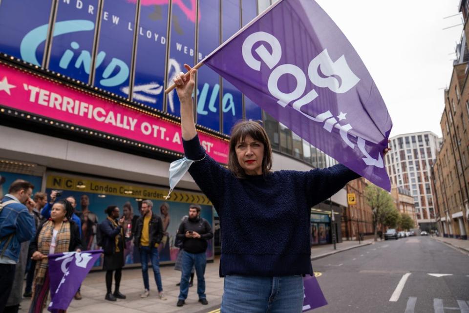 Equity president Maureen Beattie attends the protest at the Gillian Lynne Theatre (Getty Images)