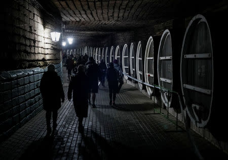 Participants walk through a wine cellar after the "Milestii Mici Wine Run 2019" race, at a distance of 10 km in the world's largest wine cellars in Milestii Mici, Moldova January 20, 2019. Picture taken January 20, 2019. REUTERS/Gleb Garanich