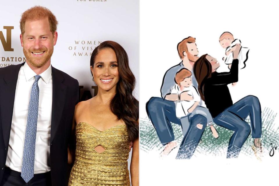 <p>Kevin Mazur/Getty Images Ms. Foundation for Women; Jennifer Vallez</p> Prince Harry and Meghan Markle;  artwork of the Duke and Duchess of Sussex with their children by Jennifer Vallez.