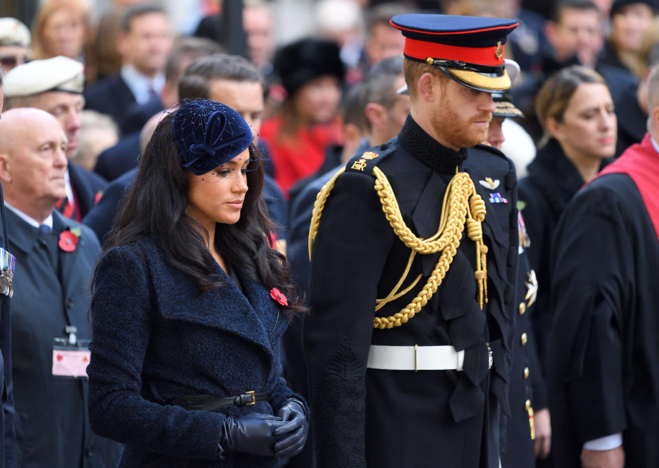 LONDON, ENGLAND - NOVEMBER 07: Prince Harry, Duke of Sussex and Meghan, Duchess of Sussex attend the 91st Field of Remembrance at Westminster Abbey on November 07, 2019 in London, England. (Photo by Karwai Tang/WireImage)