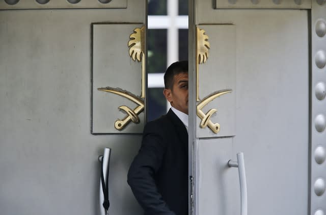 A security guard walks in the Saudi Arabia consulate in Istanbul (Lefteris Pitarakis/AP)