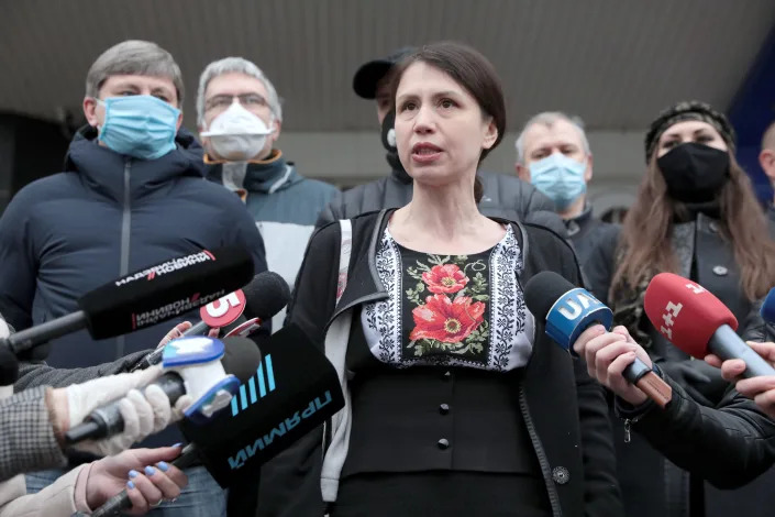 KYIV, UKRAINE - APRIL 14, 2020 - Ex-MP Tetiana Chornovol speaks to the press outside the Kyiv Department of the State Bureau of Investigation (SBI), Kyiv, capital of Ukraine. As reported, Chornovol has been served with a notice of suspicion of premeditated murder resulting from the arson of the Party of Regions office in Kyiv in 2014. - PHOTOGRAPH BY Ukrinform / Future Publishing (Photo credit should read Hennadii Minchenko/ Ukrinform/Future Publishing via Getty Images)